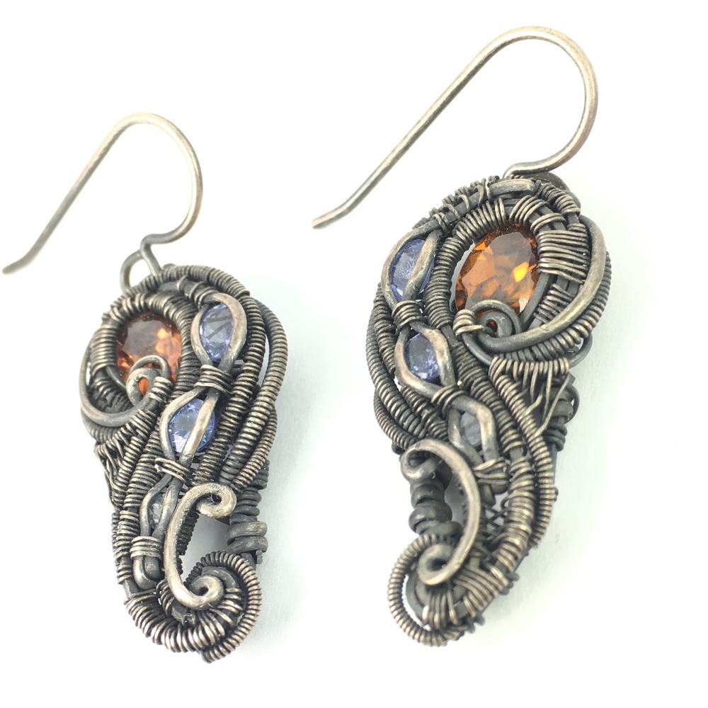 Tanzanite and Garnet Wire Wrapped Earrings